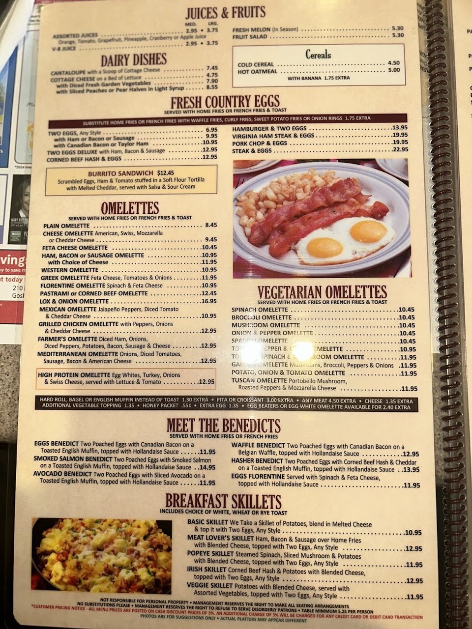 Breakfast menu with juices and cereals